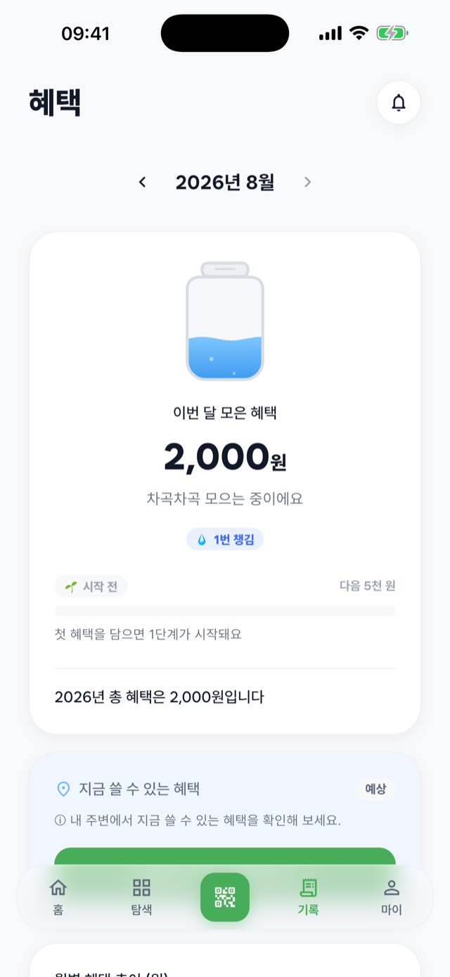 기록 탭. 2026년 8월 이번 달 모은 혜택 2,000원과 챙긴 횟수, 연간 합계가 표시된다.